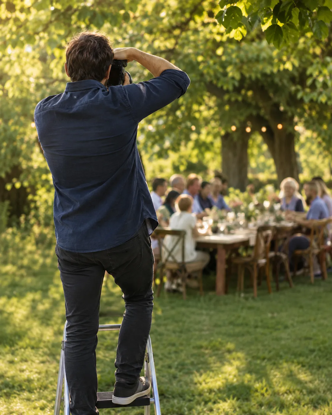Photographe de dos sur un escabeau, photographiant une famille réunie à table sous les arbres (illustration)