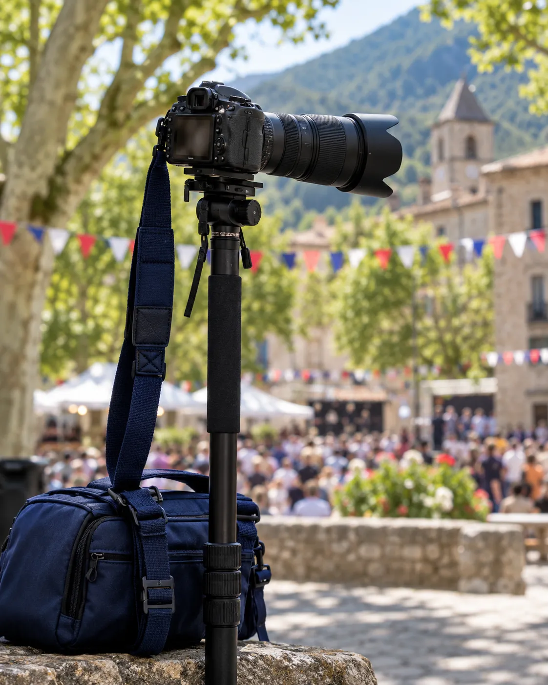 Appareil photo à téléobjectif sur monopode pendant une fête de village (illustration)